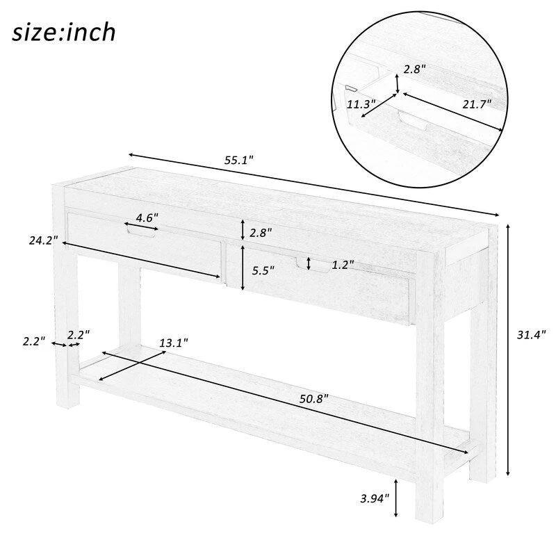 55.1W Console Table with 2 Drawers and 1 Shelf - N/A
