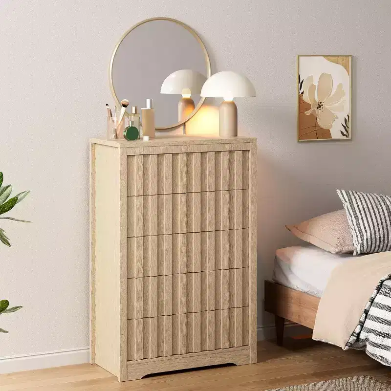 Tall Fluted 5-Drawer Dresser - Handleless Design with Deep Storage for Bedroom & Living Room
