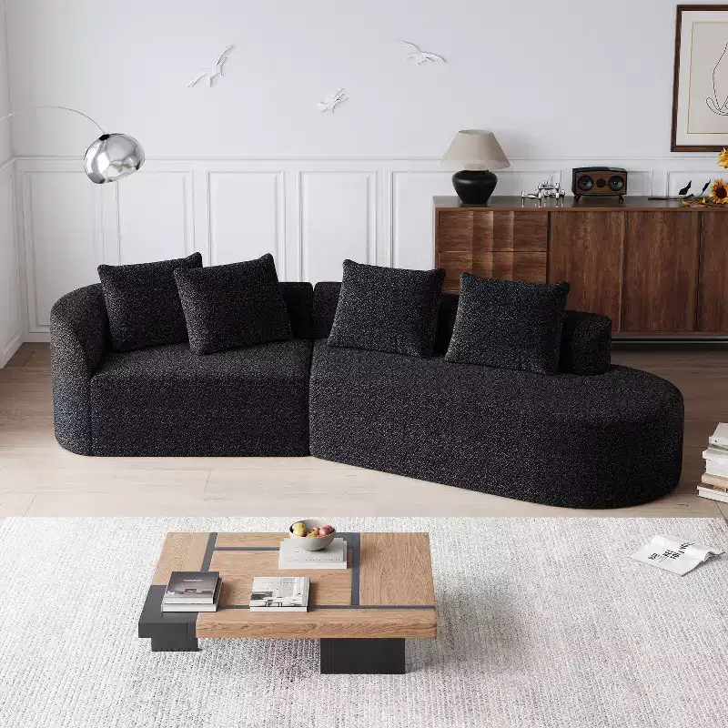 112-Inch khaki Chenille 4-Seater Extra Deep Wide Seat Curved Cloud Couch with 4 Throw Pillows, Combination Sofa Couch for Living Room