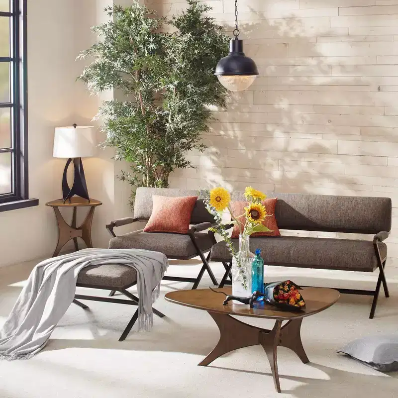Triangle Wood Coffee Table Pecan Mid-Century Unique Base Living Room