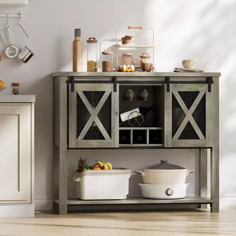 Wine Bar Cabinet with Sliding Barn Door – Wine Rack, Glass Holder & Storage