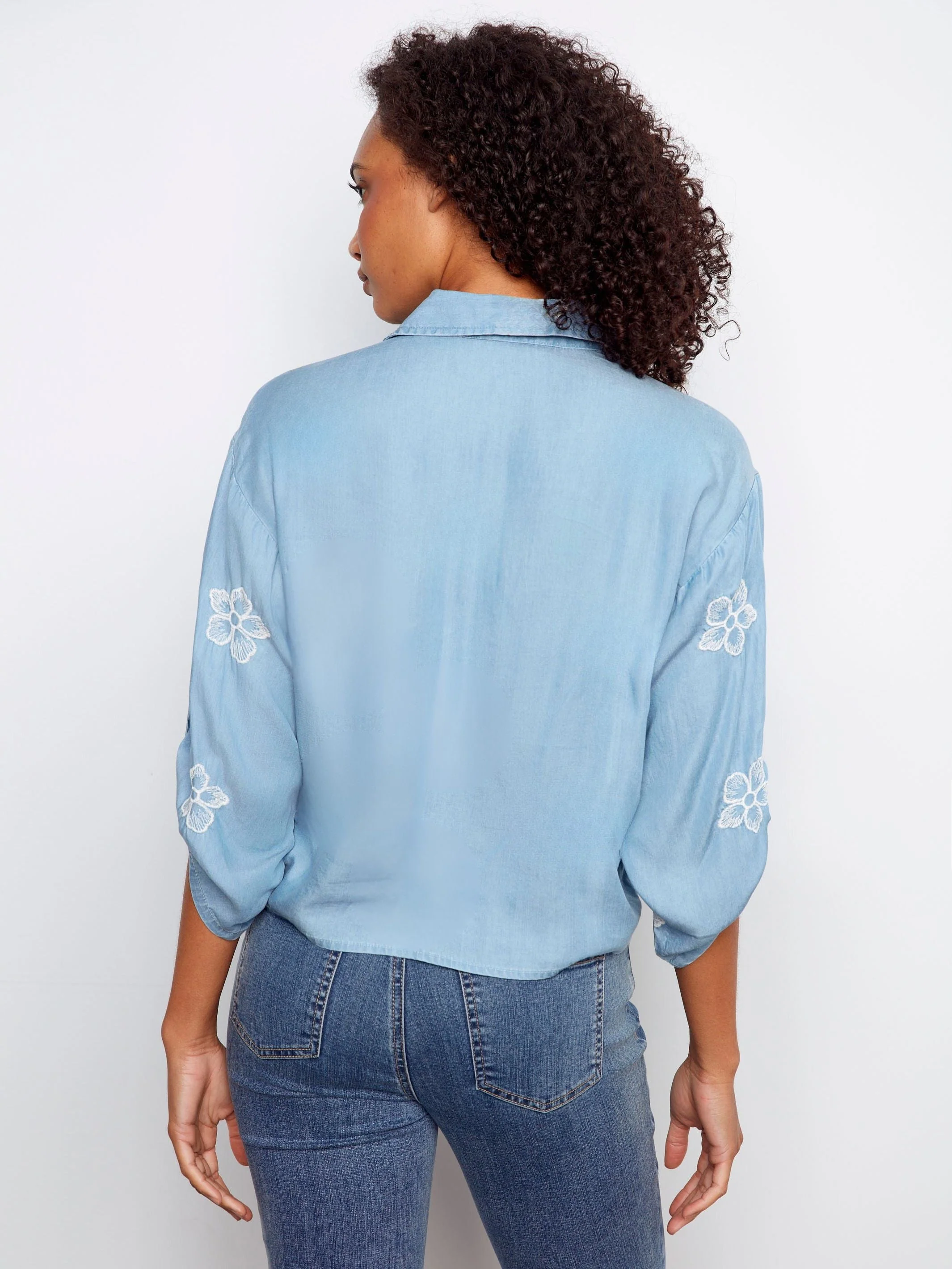 Embroidered Soft Fabric Blouse With Front Tie - Light Blue
