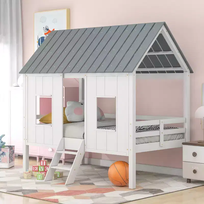 80.4''L 45.2''W 71.4H Twin Size House-shaped Low Loft Bed with Roof and Two Front Windows - White