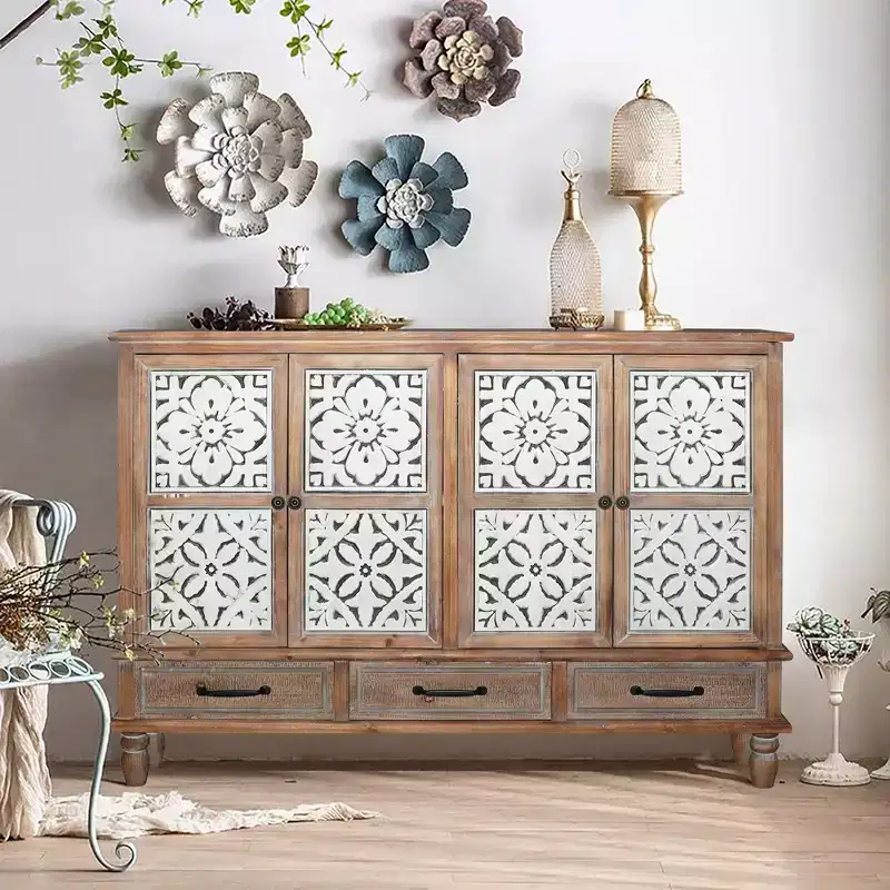 Rustic Fir Wood 59.05'' Storage Sideboard Cabinet with 3 Drawers