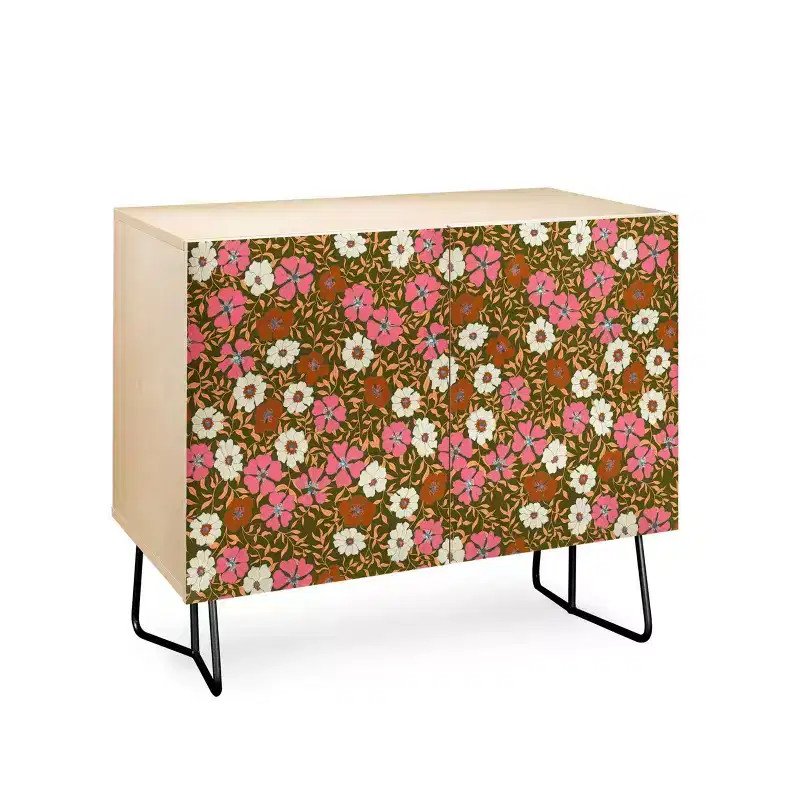 Floral Olive Credenza | Walnut Frame & Birch Surface | 2 Doors | 2 Adjustable Shelves