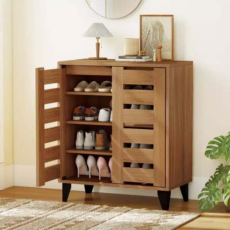 Costway 2-Door Shoe Cabinet 4-Tier Farmhouse Shoe Organizer w/ Louvered Door for Hallway