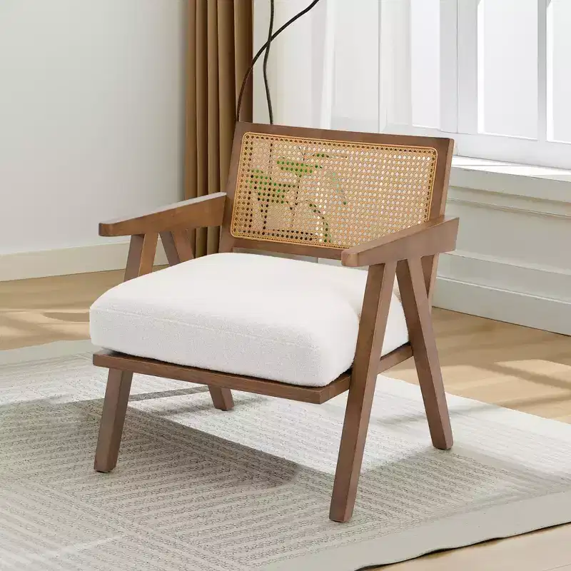 Mid-Century Farmhouse Accent Chair - Wood Armchair with Rattan Backrest & Linen Cushion for Living Room, Bedroom - Easy Assembly