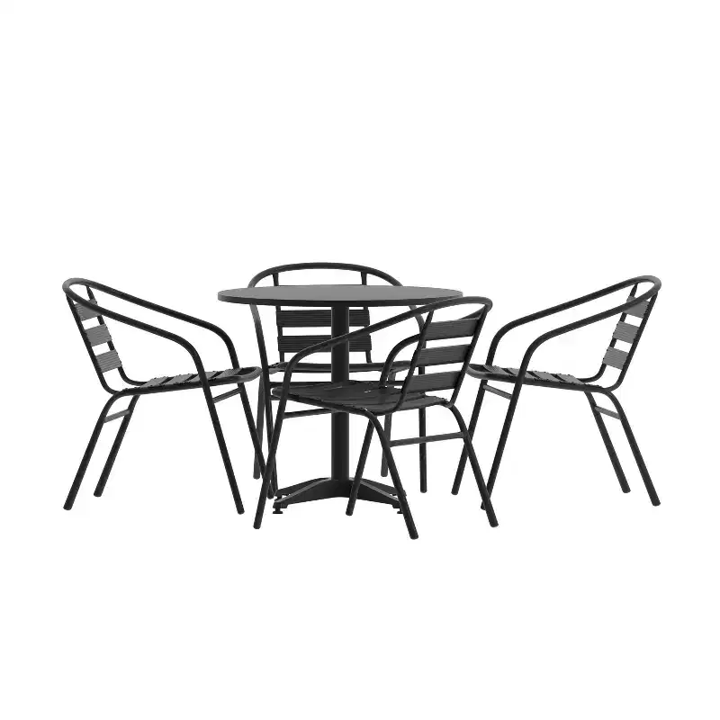 Emma and Oliver 31.5'' Round Aluminum Indoor-Outdoor Table Set with 4 Slat Back Chairs