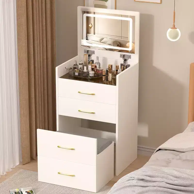 3 in 1 Makeup Vanity Desk Compact Vanity Table Dressing Table with Bench, Lighted Mirror, Drawers & Visible Glass Desktop, White
