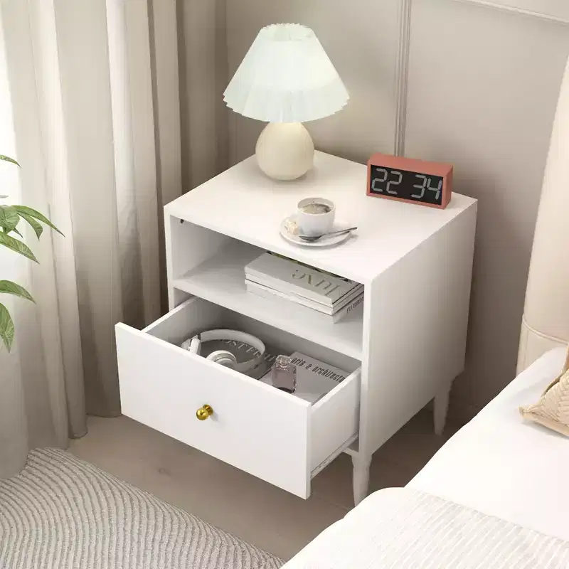 White Nightstand End Table Bed Beside Table Storage Sofa Side Table with Drawer, Open Shelf & Gold Knob - ModernLuxe