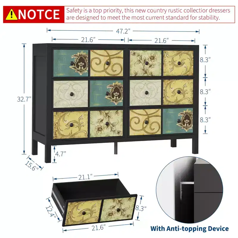 Wood Rustic Chest of 6 Drawers Dresser with Metal Handle and Retro Floral Pattern for Bedroom, Living Room, Floral Painted, Black