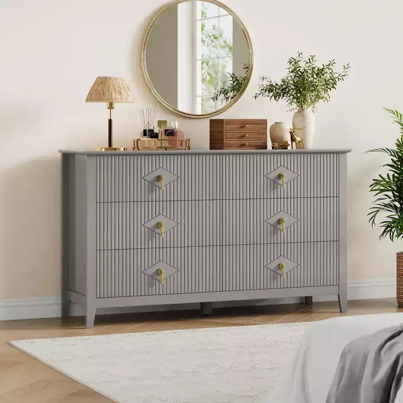 54 Wide 6-Drawer Dresser, Modern Chest with Metal Handles for Bedroom Storage, Gray