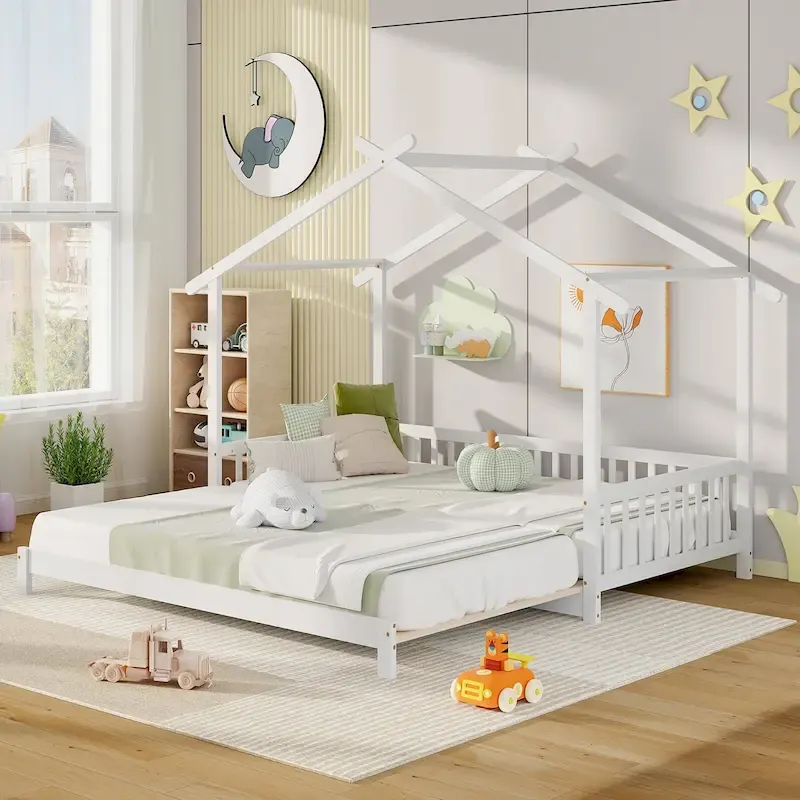 Gymax Wooden House Bed Twin to King Daybed w/ Safety Rails & Decorable