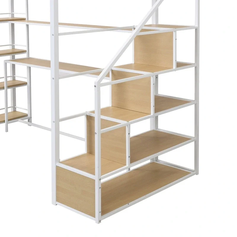 Twin Size Metal Loft Bed with Staircase, Built-in Desk and 4-Tier Shelves, 250 lbs Capacity