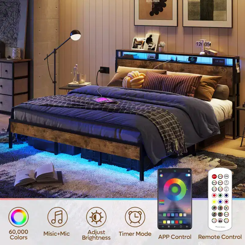 Bestier Full Size Bed Frame Led Platform Bed with Storage Headboard Charging Station