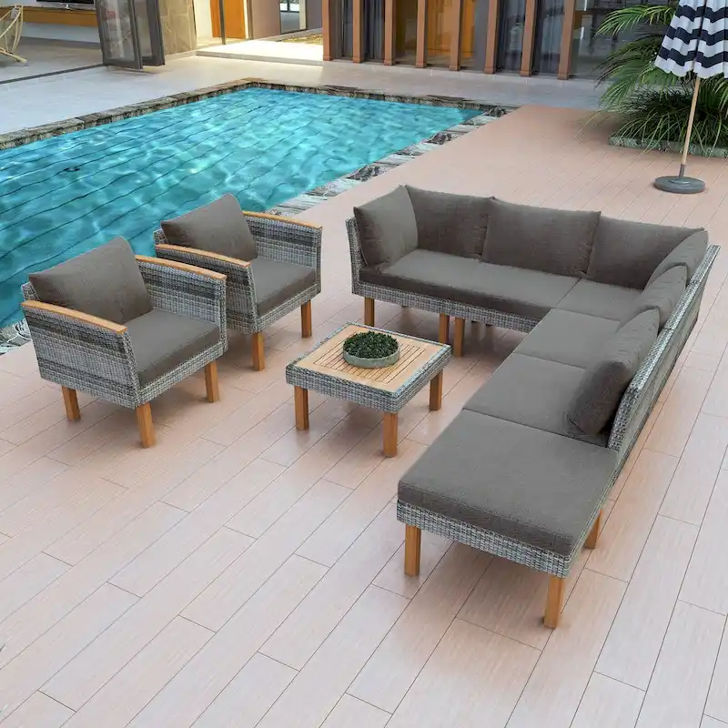 9-Piece Patio Rattan Furniture Set, Acacia Wood Legs and Tabletop, PE Rattan,Coffee Table, Washable Cushion