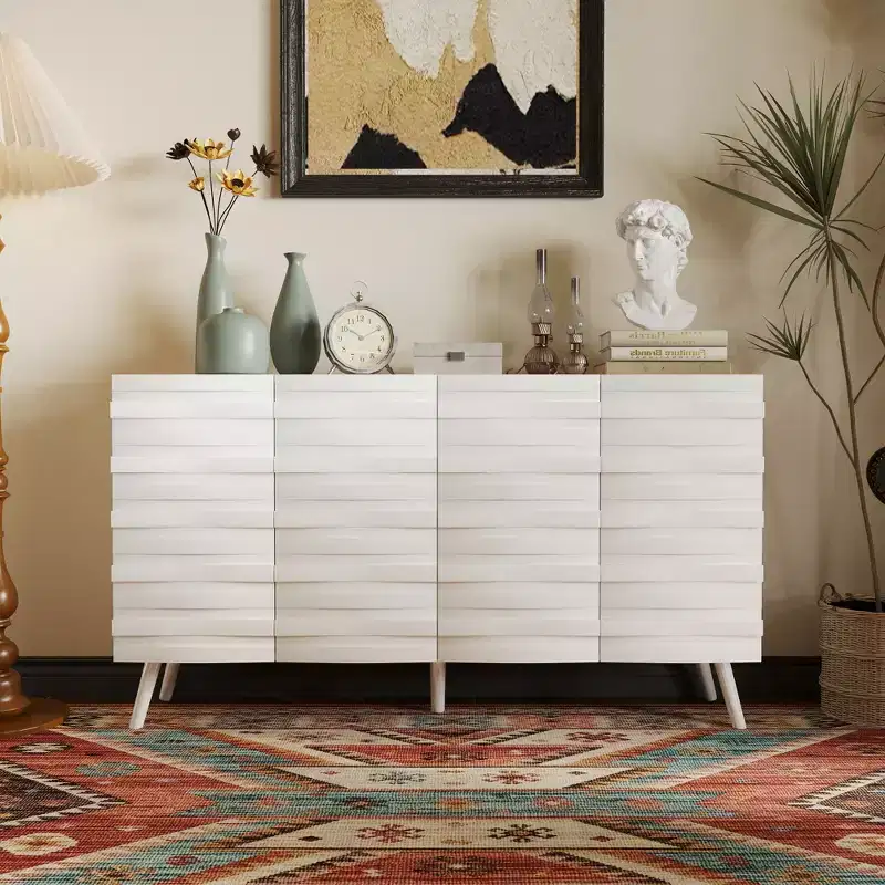 White Textured-Door Side Table with Adjustable Shelves:Nordic-Style Freestanding Storage Cabinet for Living Room & Entryway