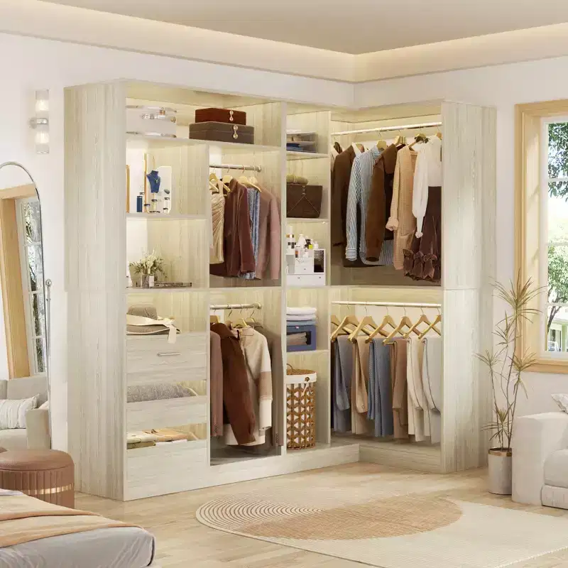 Besiost Set of 2 Corner Closet System with Tower Shelves, Freestanding Closet Organizer with Drawers