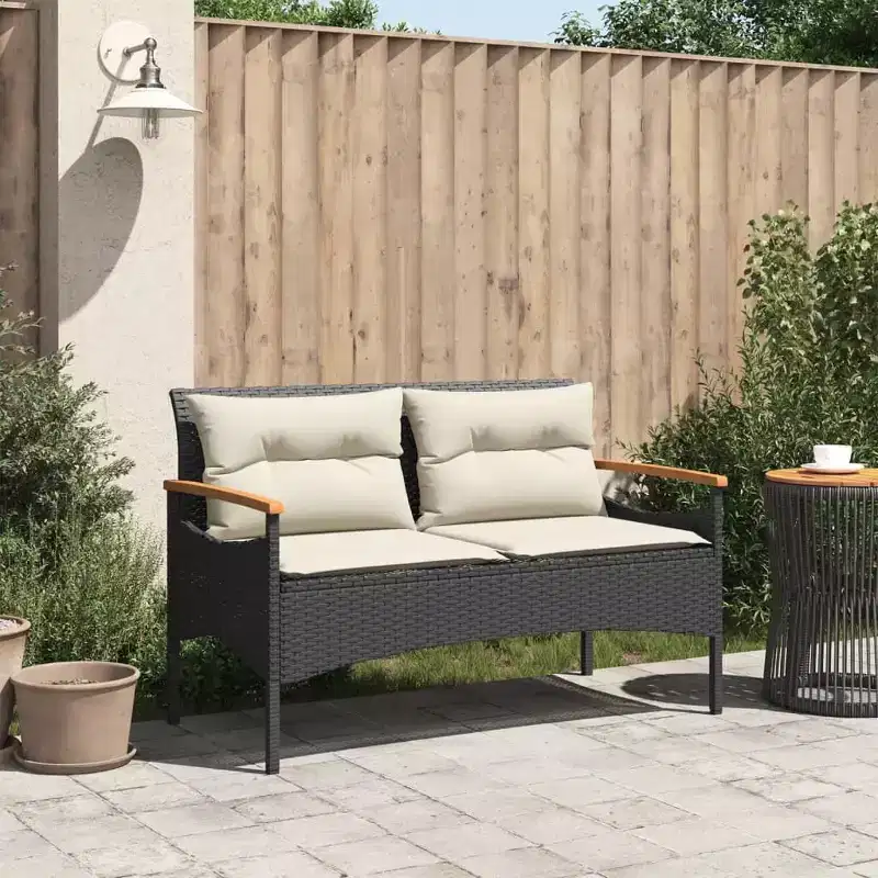 vidaXL Patio Bench with Cushions 45.7x24.6x29.1 Black Poly Rattan - Black