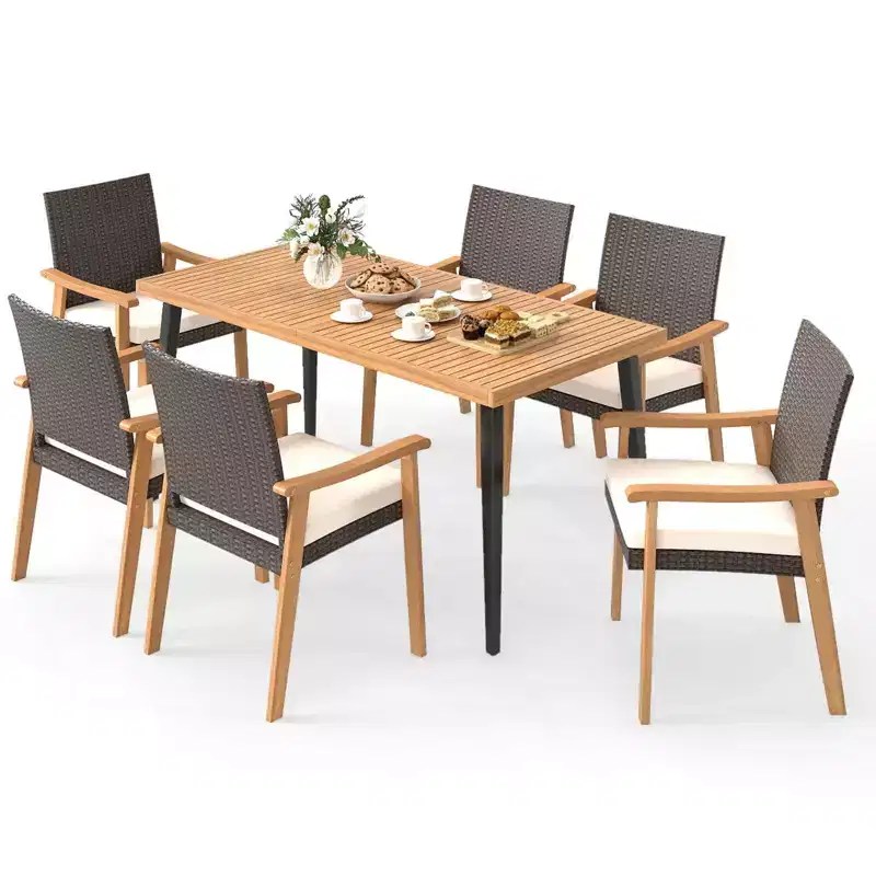 Costway 7 PCS Patio Dining Table Set with Tabletop, 1.97 Umbrella Hole, Removable Cushion Natural + Mix Brown+ Black