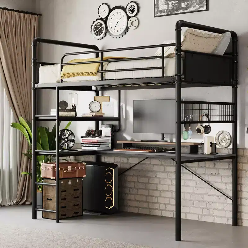 COZONY Twin Loft Bunk Bed with L-Shaped Desk, Metal High Loft Bed with Guardrail & Ladder, Space-Saving Workstation for Kids, Teens, Adults