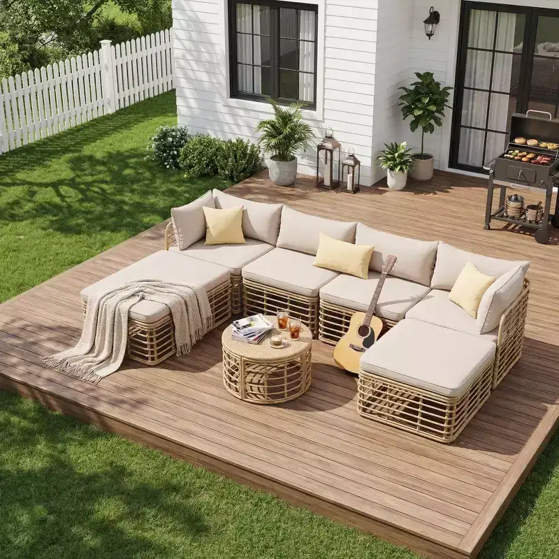 Whisen Weather-Resistant Rattan Outdoor Sectional Sofa Set Patio Couch Set with Thick Cushions and Pillows, Freely Combined Conversation Sets