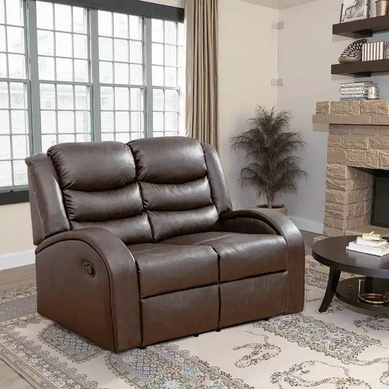 MAYEERTY Faux Leather Reclining Loveseat, 2-Seat Adjustable Backrest Recliner for Living Room, Brown