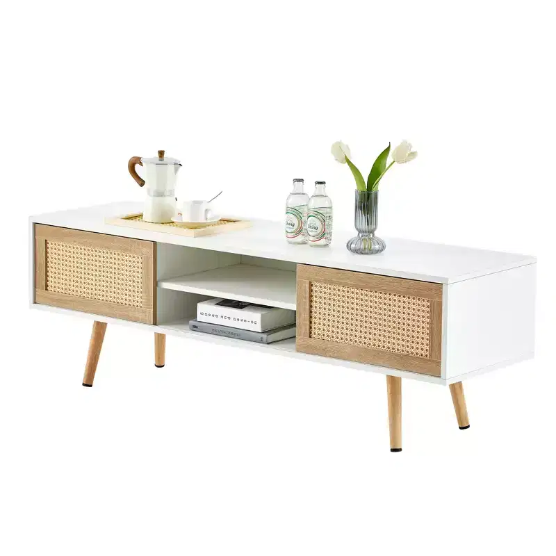 JVNOXK 55.12 Rattan TV cabinet, double sliding doors for storage, adjustable shelf, solid wood legs, TV console for living room , White