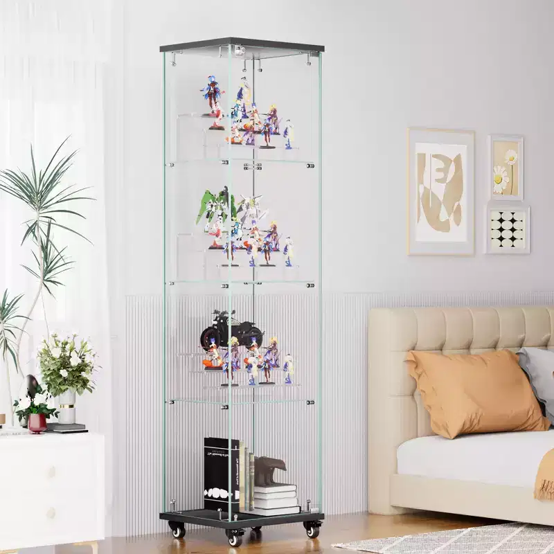 Okak Display Cabinet, 4 Tier Storage Cabinet with 1 Doors and Wheels, Freestanding Cabinet for Living Room, Hallway and Office