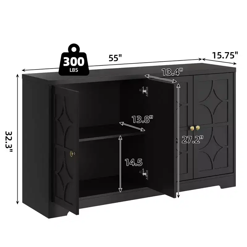 55 Buffet Cabinet with Storage, 4-Door Wood Sideboard with Adjustable Shelves, Farmhouse Coffee Bar Cabinet for Kitchen, Living Room, Entryway