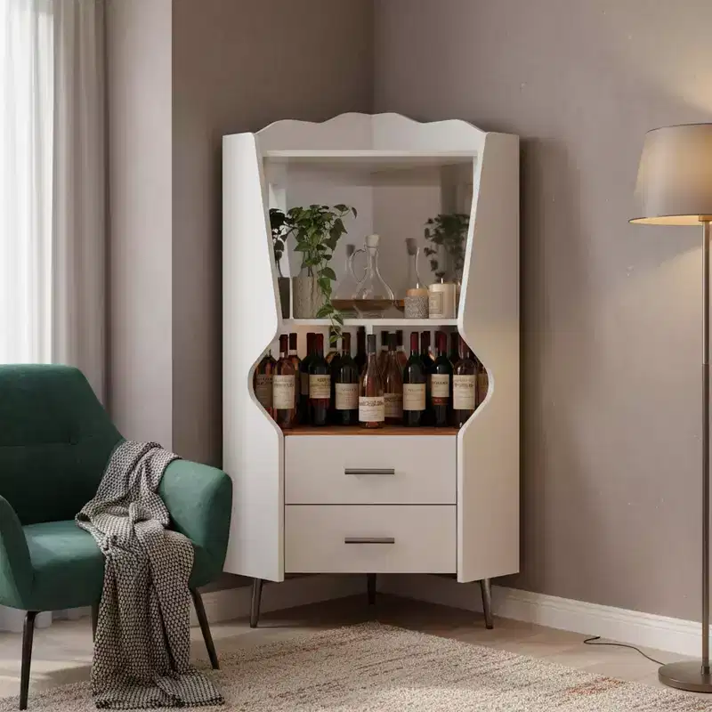 Homy Casa Modern Corner Bar Cabinet with Shelves and Drawers, for Dining or Living Room, White