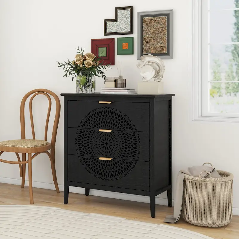Black / Beige / Light Green 3-Drawer Chest with Hollow-Carved Mandala Panel