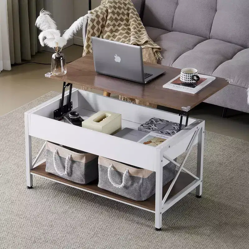 White & Brown Lift Top Coffee Table with Storage Bins, 1-Person Use