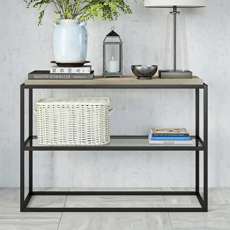 Blackened Bronze Console Table, Steel & Glass, 1-Person Assembly