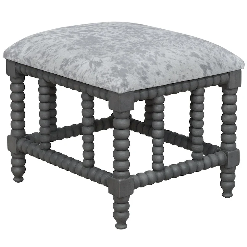 Small Accent Bench with Faux Cowhide Upholstery, Rustic Western Style Living Room Bedroom Seat