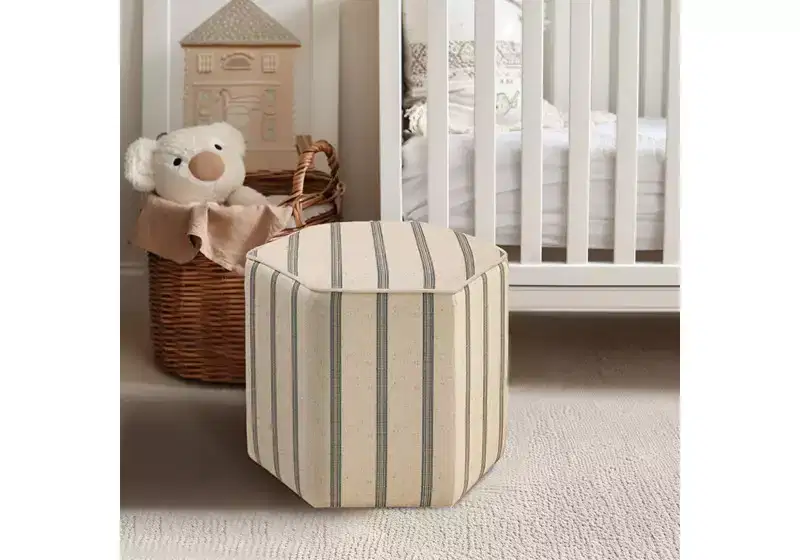 Ellen Farmhouse Hexagonal Printed Stripe Upholstered Ottoman