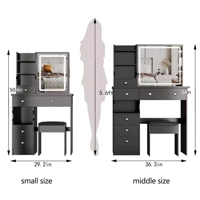 37-Inch Natural Makeup Vanity Desk with Mirror and Lights, Organized Storage, Matching Stool for Bedroom, Dimmable Lighting