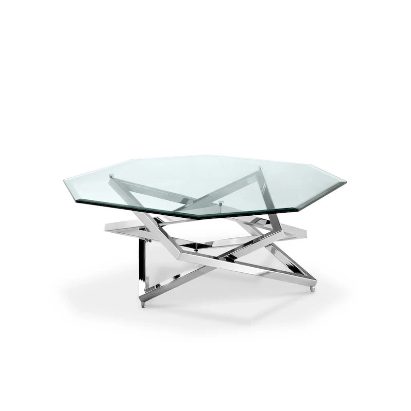 Modern Chrome Metal & Beveled Glass Coffee Table | Pedestal Base | 40