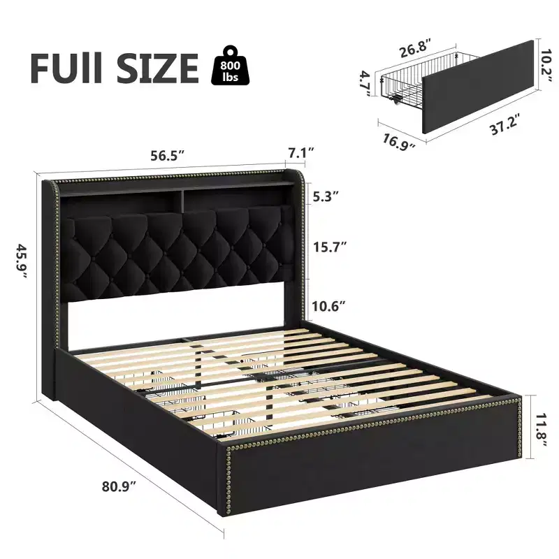 Full/Queen/King Upholstered Platform Bed Frame with 2-Tier Storage Headboard,Black Velvet Tufted Bed with 4 Drawers,Nailhead Trim, Sturdy Metal Frame