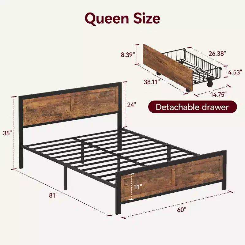 Queen Bed Frame with 4 Storage Drawers – Metal Platform, Wood Headboard & Footboard