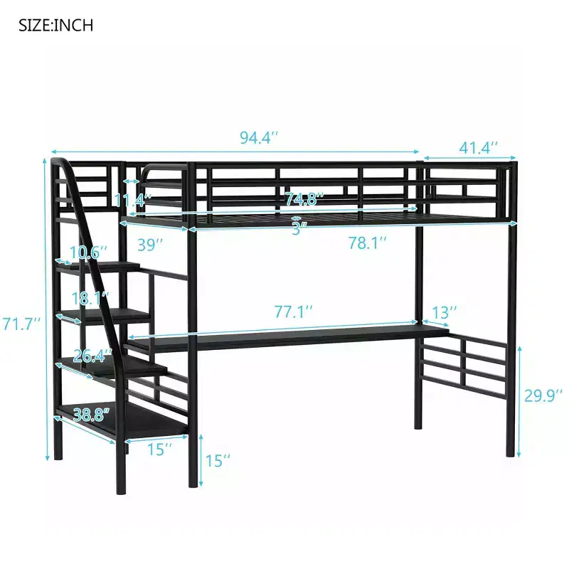 Metal Heavy Duty Loft Bed with Desk Twin Size Loft Bed Frame with Stairs for Bedroom Dorm Room or Guestroom, Black