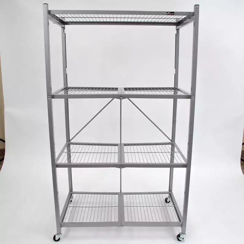 R5 4 Tier Foldable Metal Storage Rack with Wheels, 1,000 Pound Capacity for Kitchen, Garage, or Garden Storage, Pewter, Certified Refurbished