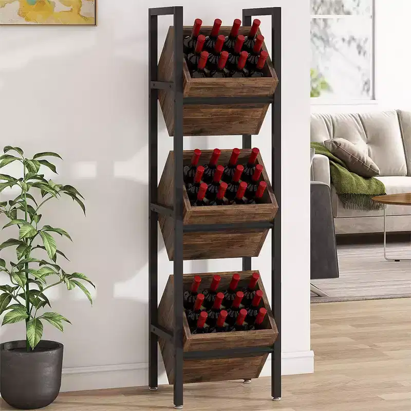 Lantine 3 Tier Wooden Freestanding Floor Bottle Rack, Wobble-Free Liquor Storage Stand, Liquor Bottle Organizer for Kitchen, Cellar