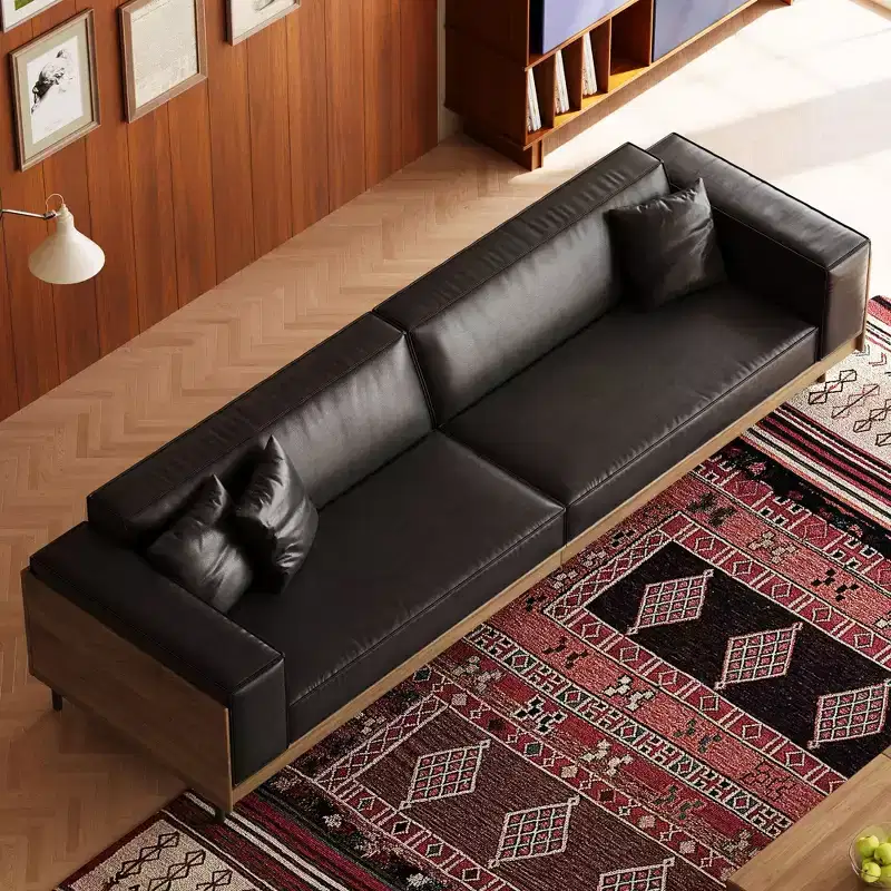 98.42 Mid-Century Modern Faux Leather Sofa - Extra Large 4-Seater with Wood Backing & 2 Pillows Gaoyangjiaju