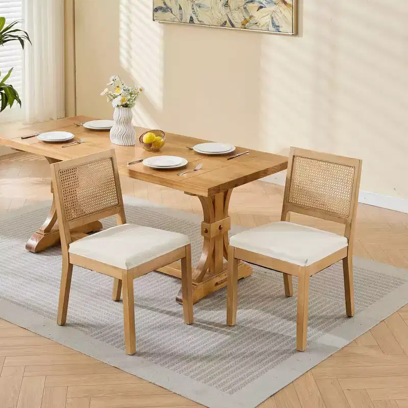 TUYOHW Farmhouse Rattan Dining Chairs Set of 2,Boho Style Side Chairs Soft Linen Upholstered,Solid Rubberwood Kitchen Chairs,Home Decor