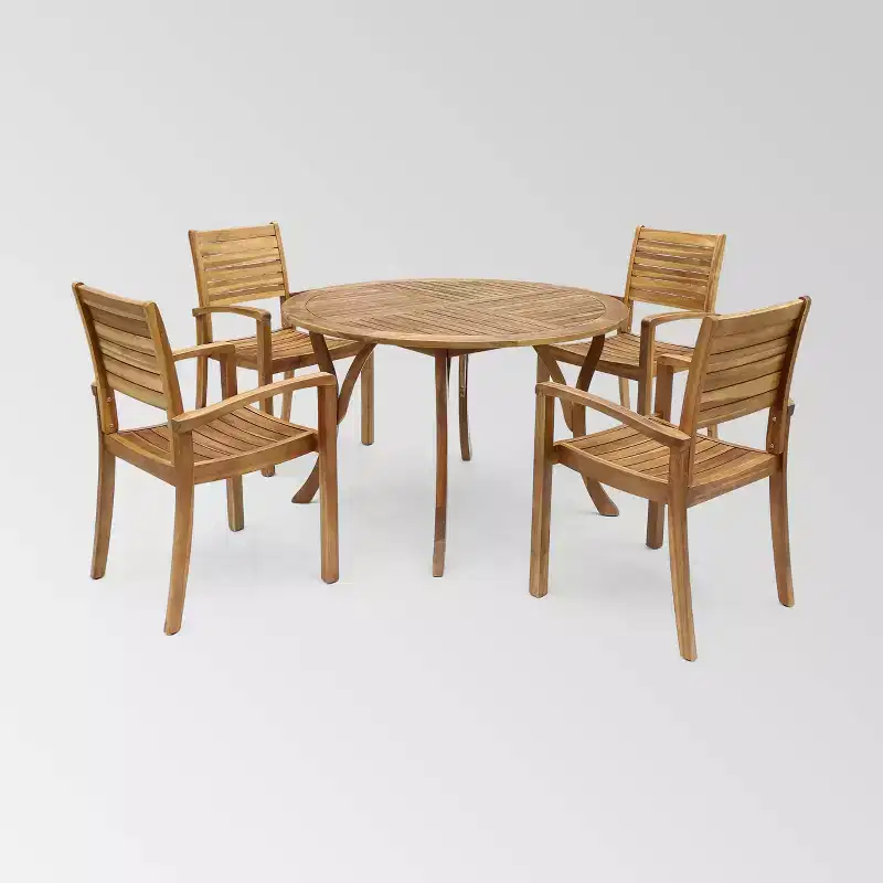 Wells 5 pc Acacia Wood Round Dining Set Teak Finish - Christopher Knight Home: Weather-Resistant Patio Furniture