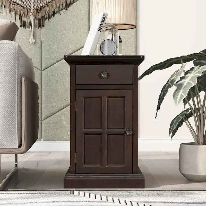 Narrow Multifunctional Classic Vintage End Table with USB Ports and 1 Drawer with Cup Holders, Sofa Side Table