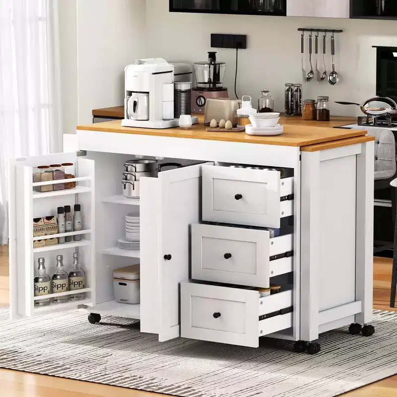 Okak Kitchen Island with Extendable Table, Kitchen Island With Storage and Power Outlet, Rolling Kitchen Cart with Spice Rack for Dining Room