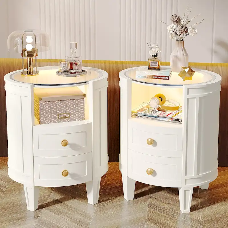 Round Nightstand with 2 Drawers, LED Light and Open Shelf – 25.5 Inch Tall