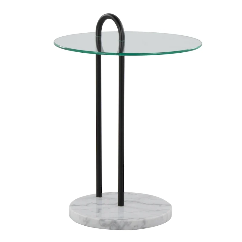 Contemporary/Glam Side Table in White Marble and Black Metal with Clear Glass Top